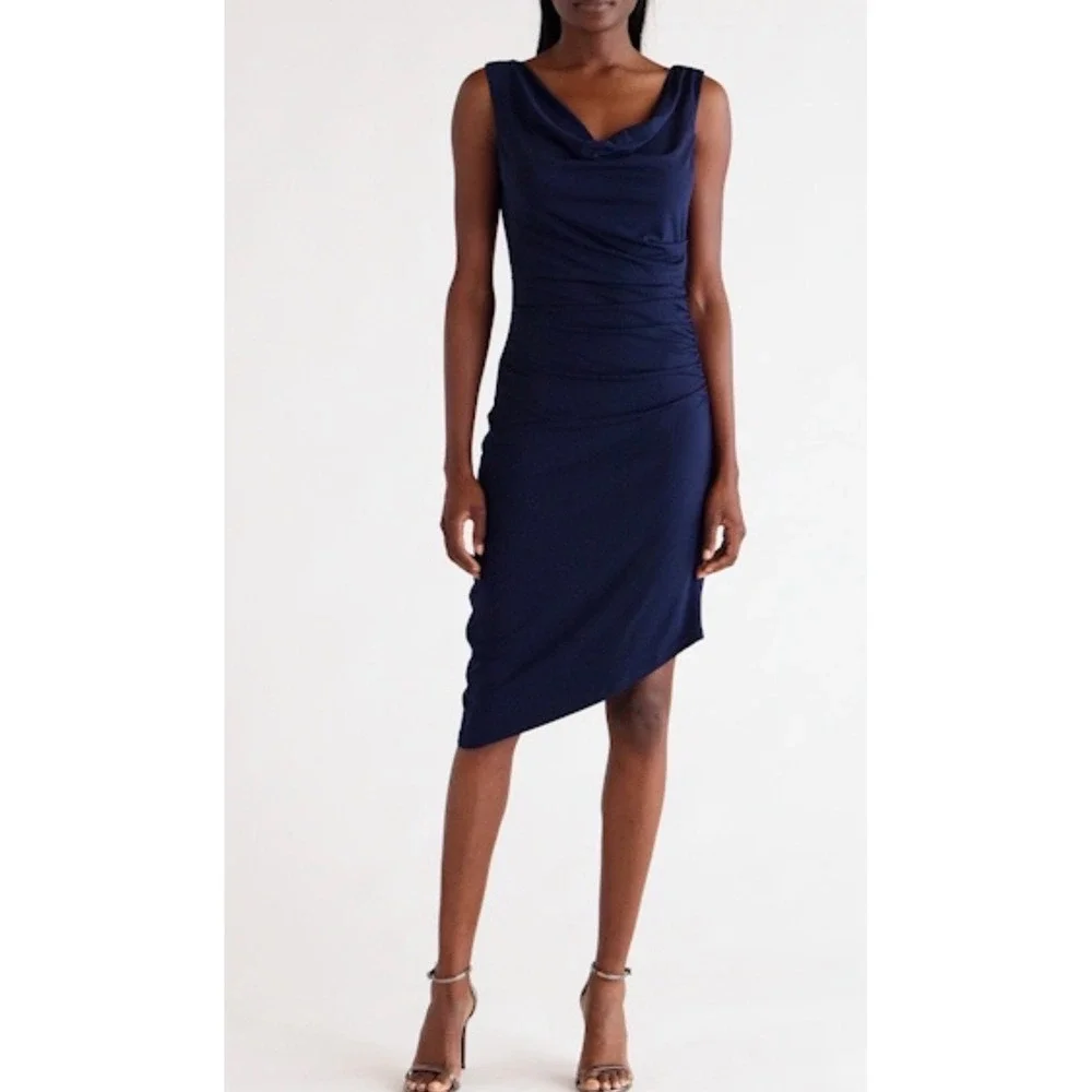 Sam Edelman Women's Small Asymmetrical Ruched Cowl Neck Dress‎ Navy Blue NEW